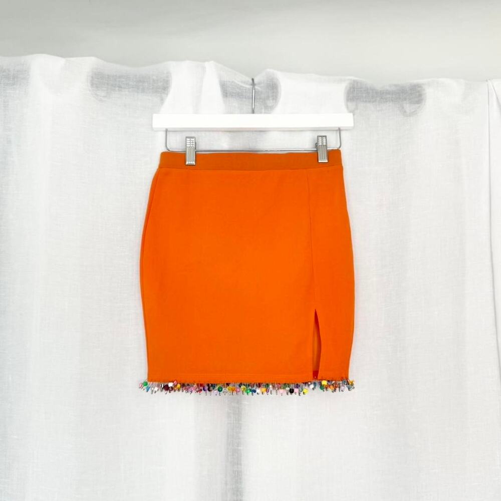 ✿ beaded safety pin mini skirt ⋆ orange fitted mini ✿